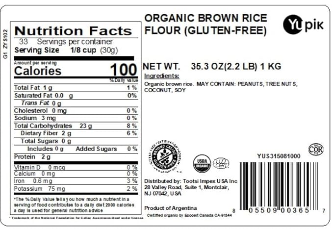Yupik Organic Brown Rice Flour, 2.2 lb (35.2 oz), Gluten-Free, Non-GMO, Vegan, Kosher, Finely Milled Powder from Whole Grain Brown Rice, Neutral Flavor, Source of Fiber & Protein, For Baking, Cooking