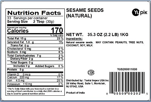 Yupik Natural Sesame Seeds, 2.2 lb (35.2 oz), Pack of 6, Gluten-Free, GMO-Free, Kosher, Vegan, Raw, Unroasted, Unsalted, Plant-Based Protein, Source of Fiber & Iron, For Topping, Cooking & Baking