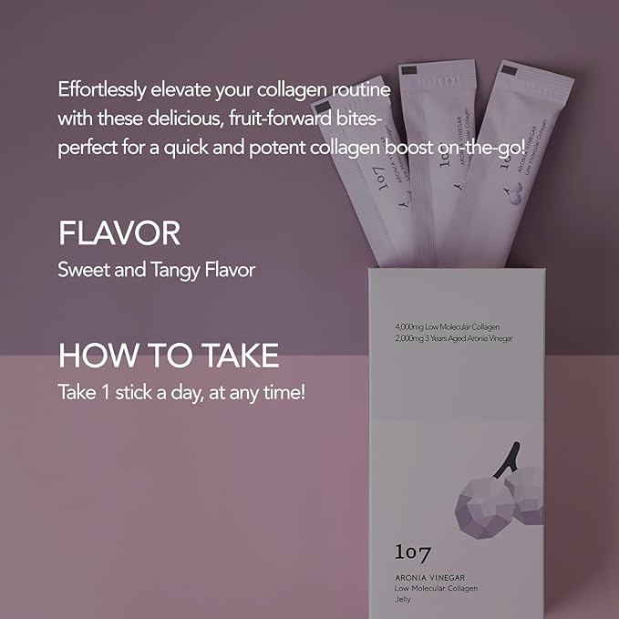 107 ARONIA Vinegar Low Molecular Collagen Jelly Stick, Contains Vitamin, Collagen, Hyaluronic Acid, Elastin, Probiotics, Korean Beauty Collagen, Supports Inner Beauty, 20g x 14 Pouches