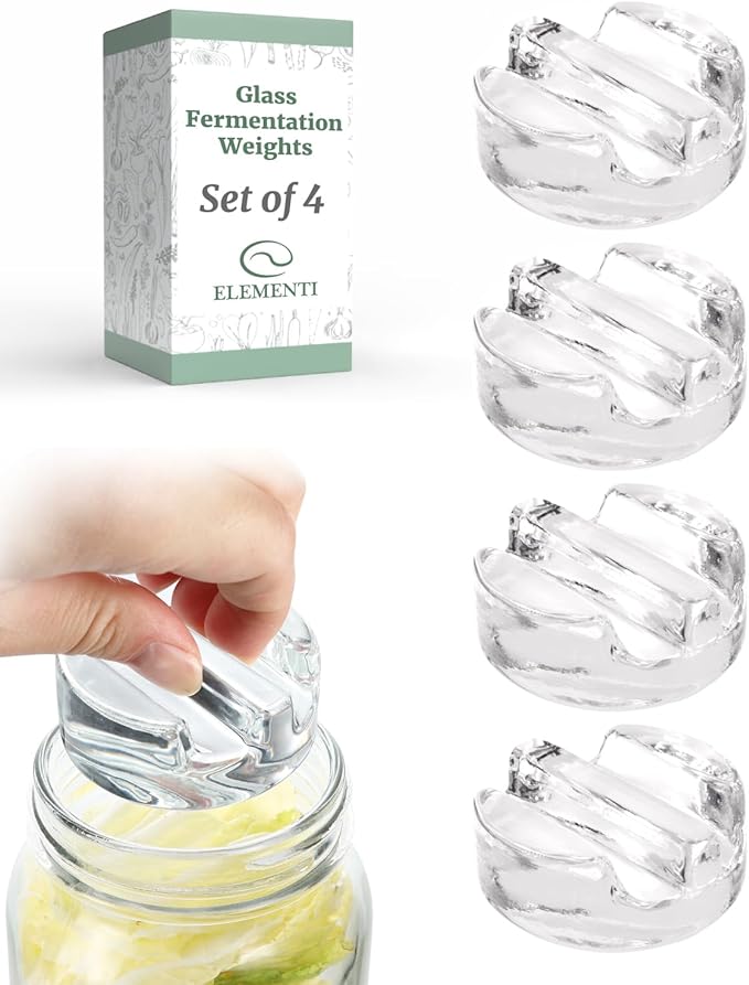 Elementi Fermentation Weight Set of 4 - Easy to Use Glass Fermenting Weights, Perfect Fit for Wide Mouth Mason Jars, Highly Durable Soda-Lime Glass Fermentation Kit for Sauerkraut, Kimchi & More