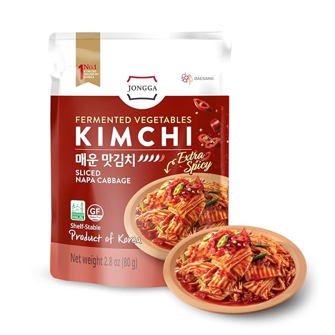 Spicy Premium Kimchi Cabbage Napa [ MINI Pouch Pack of 8] - [Extra Spicy] - (Gluten Free) | 0 Fat/ 0 Sugar/ 0 Cholesterol | Fermented Kimchi | Long Shelf Life | Perfect for Ramen & Stir-Fries - JONGGA