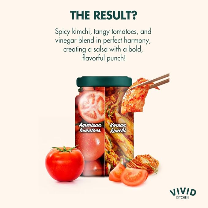 VIVID KITCHEN Kimchi Salsa - Korean Mexican Fusion Condiment - Mild & Hot Flavors - 7.6 oz Bottle - No MSG, No Artificial Preservatives - Plant-Based, Flavorful Salsa for Tacos, Burritos, Topping, Cooking, Dipping, and Grilling