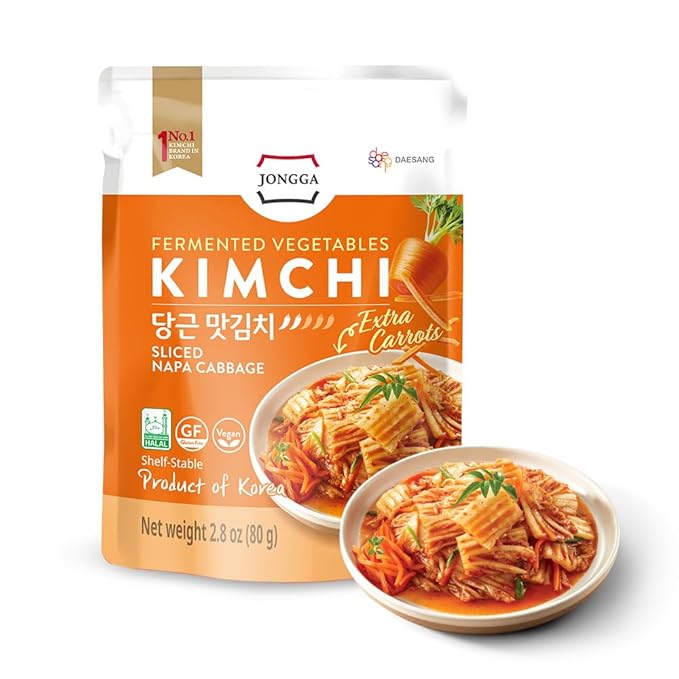 Spicy Premium Kimchi Cabbage Napa [ MINI Pouch Pack of 8] - [Extra Carrot (Mild)] – (Gluten Free / Vegan) | 0 Fat/ 0 Sugar/ 0 Cholesterol | Fermented Kimchi | Long Shelf Life | Perfect for Ramen & Stir-Fries - JONGGA