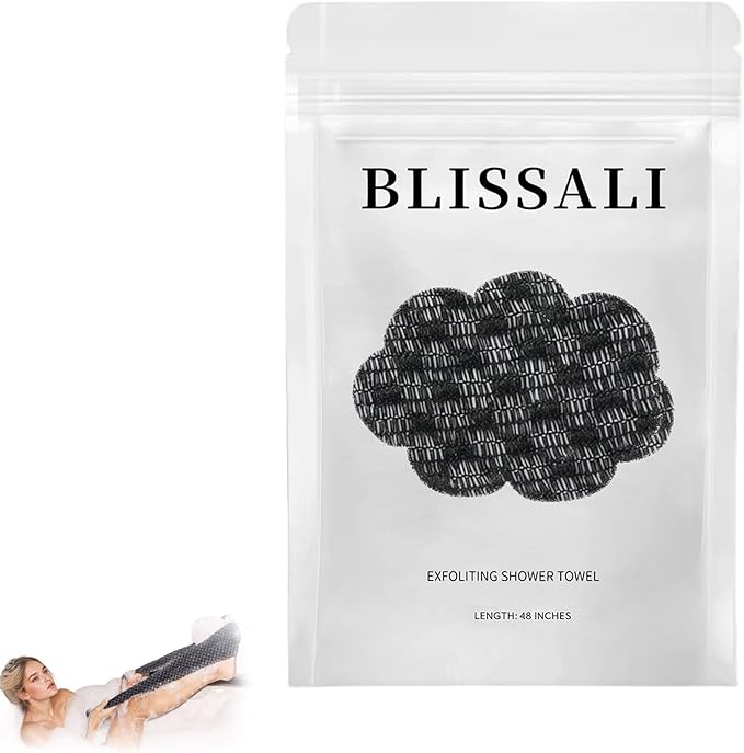 BLISSAL Exfoliating Shower Towel 47" - Microfiber Exfoliating Washcloth, Quick-Dry Exfoliating Towel for Shower, Gentle for Sensitive Skin (Black)
