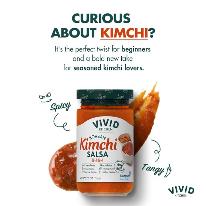 VIVID KITCHEN Kimchi Salsa - Korean Mexican Fusion Condiment - Mild & Hot Flavors - 7.6 oz Bottle - No MSG, No Artificial Preservatives - Plant-Based, Flavorful Salsa for Tacos, Burritos, Topping, Cooking, Dipping, and Grilling