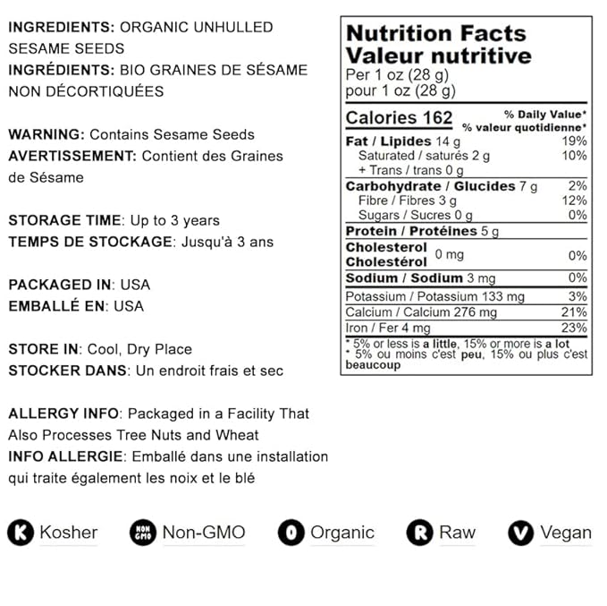 Food to Live Organic Unhulled Sesame Seeds, 1 Pound — Non-GMO, Whole Natural Raw White Sesame Seeds, Kosher, Vegan, Bulk, Rich in Dietary Fiber, Protein, & Iron. Crunchy Texture. Great for Baking.