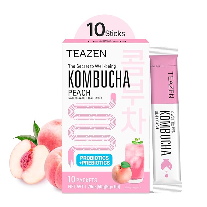 TEAZEN Peach Kombucha Powder, Hydration Drink Mix, Sugar Free, Live Probiotics & Prebiotics, On-the-Go 10 Packets, 1.76oz