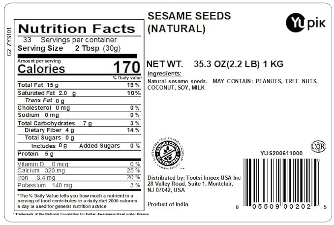 Yupik Natural Sesame Seeds, 2.2 lb (35.2 oz), Gluten-Free, GMO-Free, Kosher, Vegan, Raw, Unroasted, Unsalted, Plant-Based Protein, Source of Fiber & Iron, Ideal for Topping, Cooking & Baking