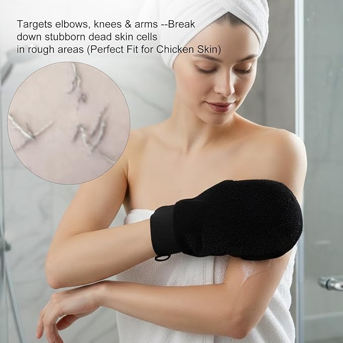 3 Pcs Exfoliating Gloves, 3 Colors Korean Exfoliating Mitts for Body Bath Shower, Reusable Body Scrubber Gloves to Remove Dead Skin and Self-Tan Prep for Smooth Skin(White, Pink, Black)
