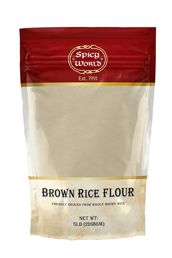 Spicy World Brown Rice Flour 5 LB Bulk | Resealable Bag | USA Grown, Fine Ground Flour for Baking and Cooking | Premium All-Natural Rice Powder | Rich Source of Fiber