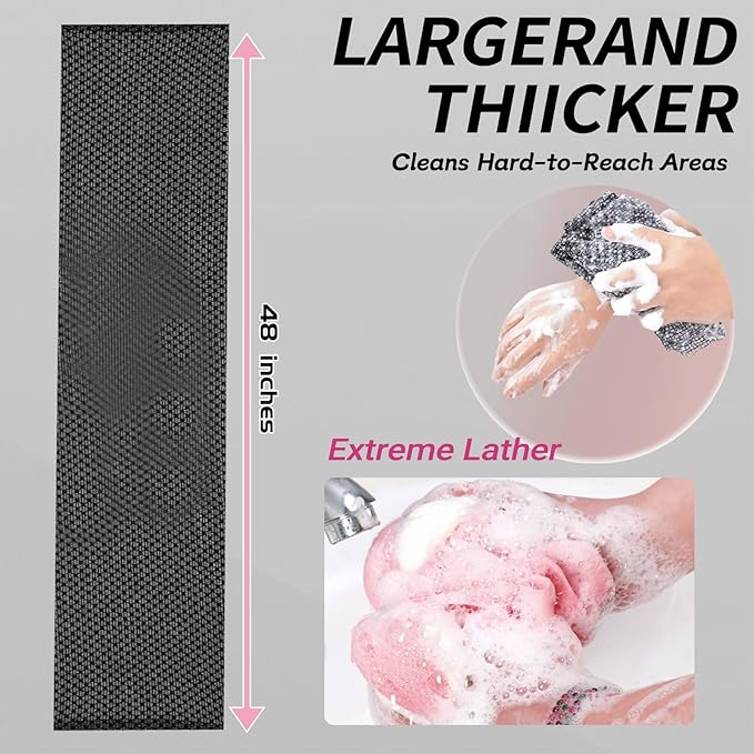 BLISSAL Exfoliating Shower Towel 47" - Microfiber Exfoliating Washcloth, Quick-Dry Exfoliating Towel for Shower, Gentle for Sensitive Skin (Black)