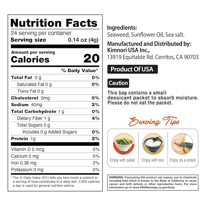 KIMNORI Kwangcheonkim Seasoned Seaweed Snacks – 24 Individual Packs Sheets Premium Natural Roasted Laver Nori 4g 0.14 Ounce