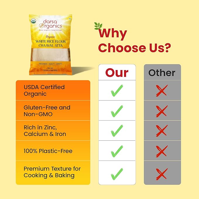 Darsa Organics White Rice Flour - Premium Organic, USDA Certified, Non-GMO, Gluten-Free Rice Flour Powder for Baking & Cooking, Chemical-Free, Long Shelf Life, Food Grade Pouch - 2 lb (908g)