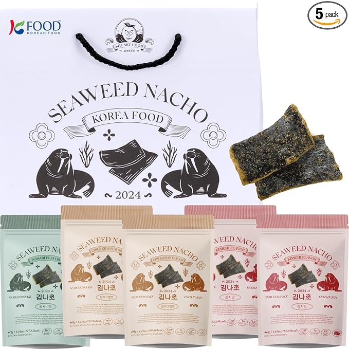 Korean Food SEAART Seaweed Snack Gift Set – 5 Packs Variety (Wasabi ×1, Kimchi ×2, Chili Crab ×2) – Vegan, Low-Calorie, All-Natural Korean Sea Vegetable Snack Assortment