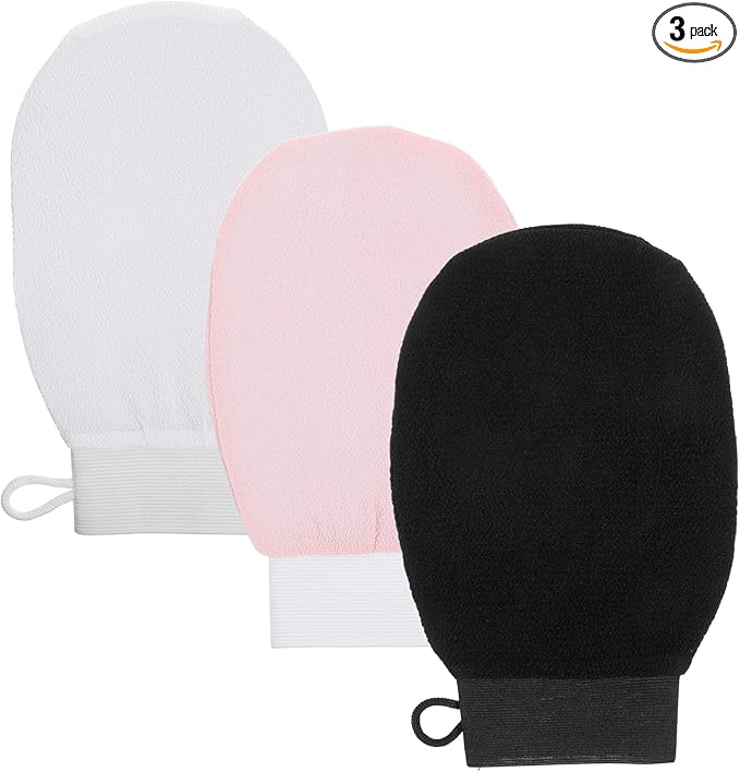 3 Pcs Exfoliating Gloves, 3 Colors Korean Exfoliating Mitts for Body Bath Shower, Reusable Body Scrubber Gloves to Remove Dead Skin and Self-Tan Prep for Smooth Skin(White, Pink, Black)