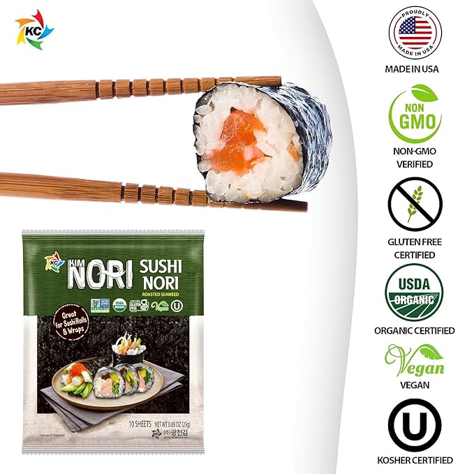 KIMNORI Sushi Nori Seaweed Sheets – 10 Full Size USDA Organic, Yaki Roasted Rolls, Wraps, Snack, 100% Natural Laver, Gluten Free, No MSG, Non GMO, Vegan, Kosher, 25 Gram 0.88 Ounce