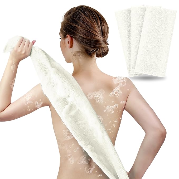 ARCH&M 35-Inch Exfoliating Back Scrubber (3 Pack), Japanese Nylon Beauty Washcloth for Shower, Korean Body Towel for Deep Exfoliation, Removes Dead Skin, Off-White
