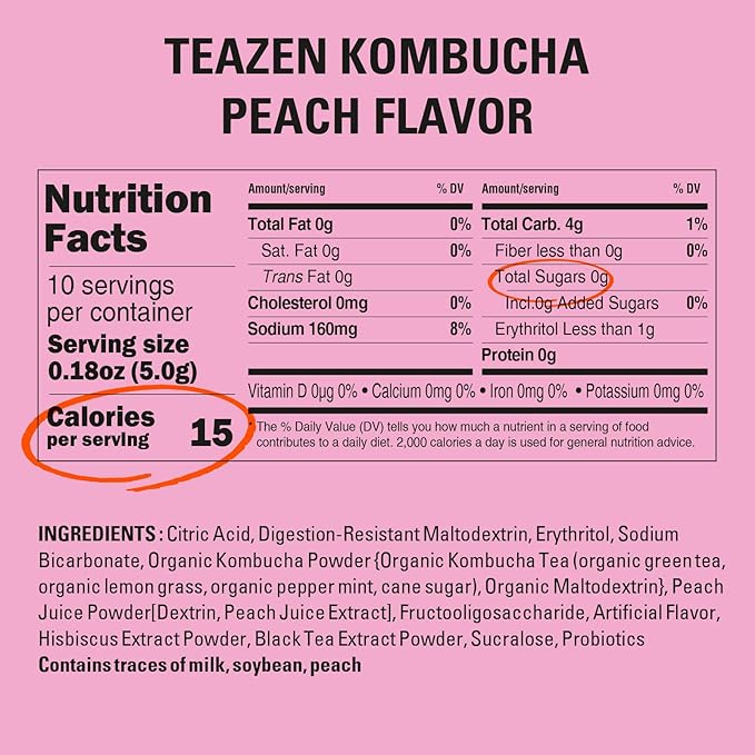 TEAZEN Peach Kombucha Powder, Hydration Drink Mix, Sugar Free, Live Probiotics & Prebiotics, On-the-Go 10 Packets, 1.76oz