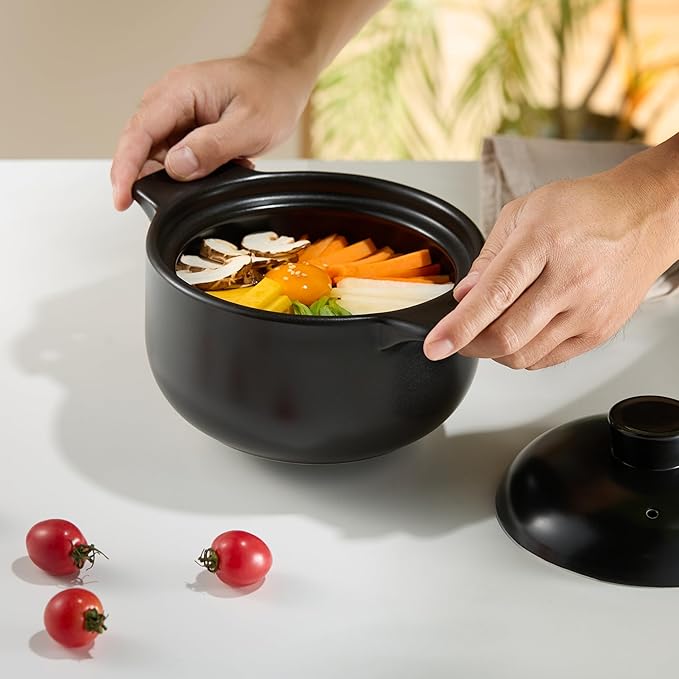 Kook Korean Dolsot Pot Set, Bowl with Lid, for Cooking Bibimbap, Kimchi, Hot Pot, Soups and Stews, Oven and Dishwasher Safe, 38 oz, Black