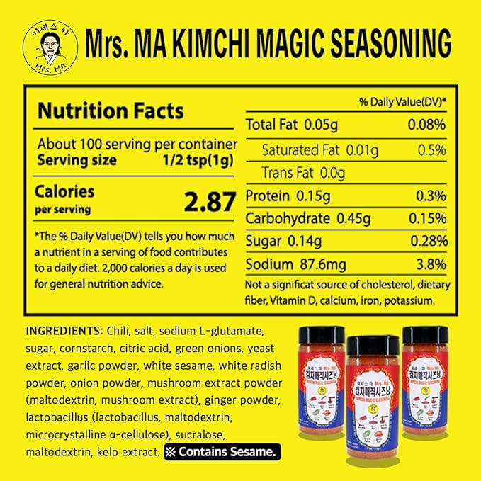 Mrs.MA Korean Kimchi Magic Powder Seasoning Mix 3.5 oz (100g) 2EA - Pack of 2, Savory and Spicy Chili Powder Seasoning, Rich in Probiotics, Perfect for Vegetables, Meat, Soups, Snacks, and More!
