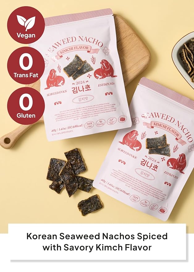 Korean Food SEA*ART Kimchi Flavored Seaweed Nachos - Crispy Vegan Snack with Bold Korean Flavor, Gluten-Free Seaweed Nachos, 1.41oz (40g)