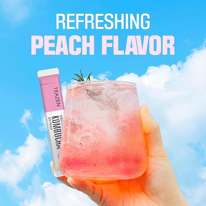 TEAZEN Peach Kombucha Powder, Hydration Drink Mix, Sugar Free, Live Probiotics & Prebiotics, On-the-Go 10 Packets, 1.76oz