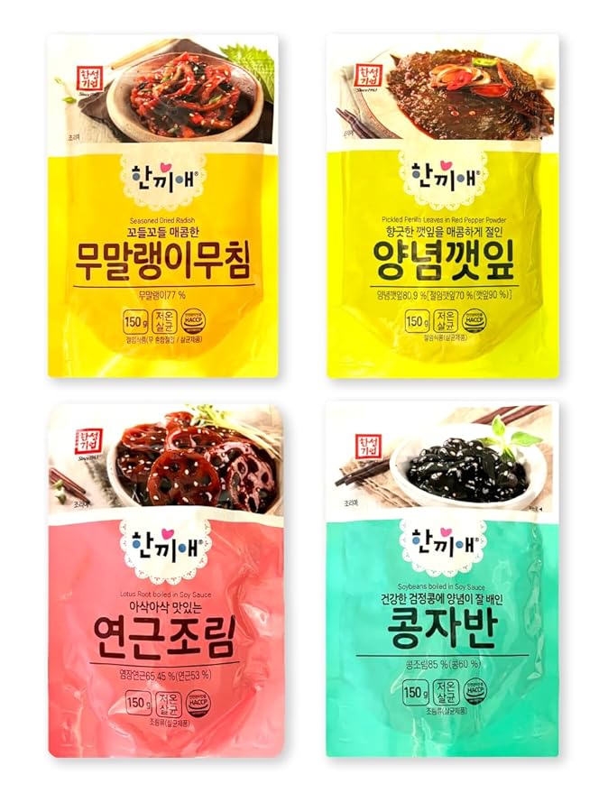 [Big Pack] Korean Side Dishes Set – 4-Pack Banchan (Braised Lotus Root, Soybeans, Dried Radish, Seasoned Perilla Leaves) | 150g Each, Total 600g | Ready to Eat, Traditional Korean Meal Prep 무말랭이, 양념깻잎, 간장깻잎, 콩자반