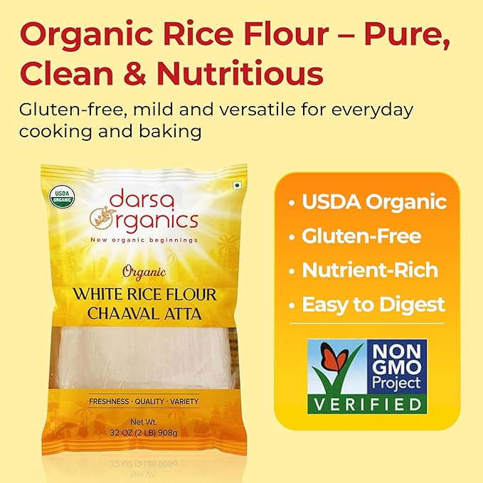 Darsa Organics White Rice Flour - Premium Organic, USDA Certified, Non-GMO, Gluten-Free Rice Flour Powder for Baking & Cooking, Chemical-Free, Long Shelf Life, Food Grade Pouch - 2 lb (908g)