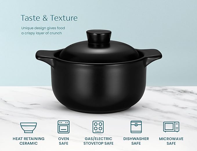 Kook Korean Dolsot Pot Set, Bowl with Lid, for Cooking Bibimbap, Kimchi, Hot Pot, Soups and Stews, Oven and Dishwasher Safe, 38 oz, Black