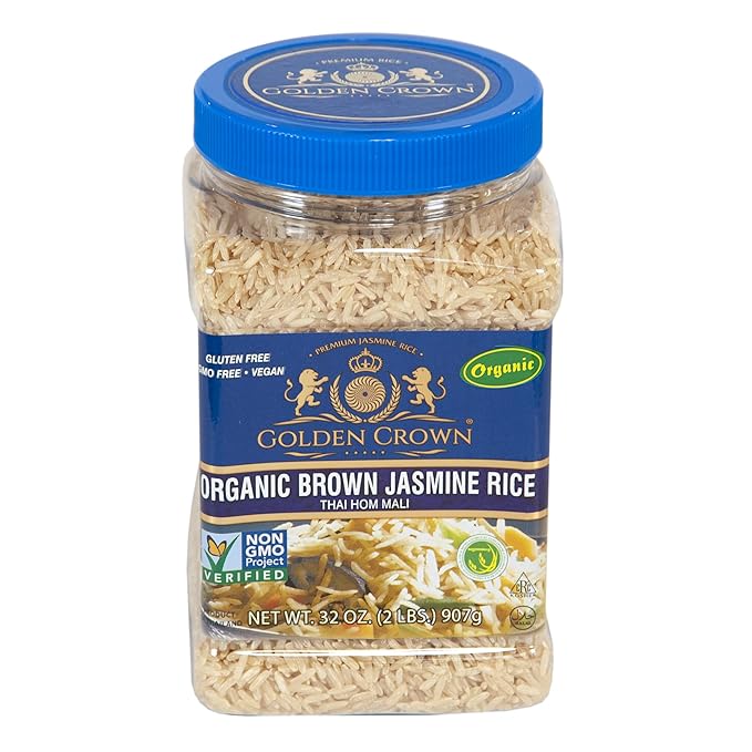 Golden Crown Organic Brown Jasmine Rice - 32 oz (2LB) | Naturally Aged Halal + Kosher, Extra Long Aromatic | Whole Grains From Thai HOM Mali, Non-GMO | Tasty and Delicious Flavorful Gluten-Free