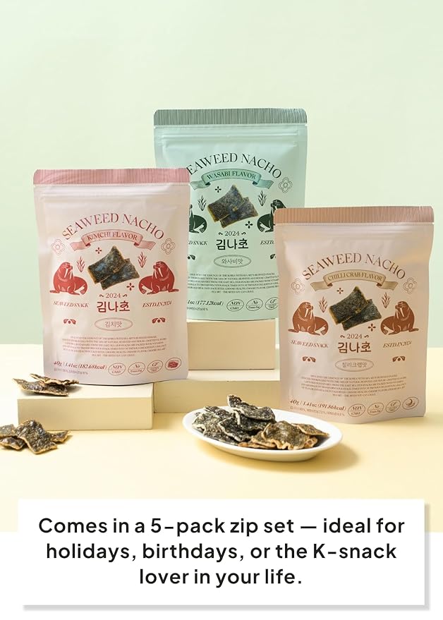 Korean Food SEAART Seaweed Snack Gift Set – 5 Packs Variety (Wasabi ×1, Kimchi ×2, Chili Crab ×2) – Vegan, Low-Calorie, All-Natural Korean Sea Vegetable Snack Assortment