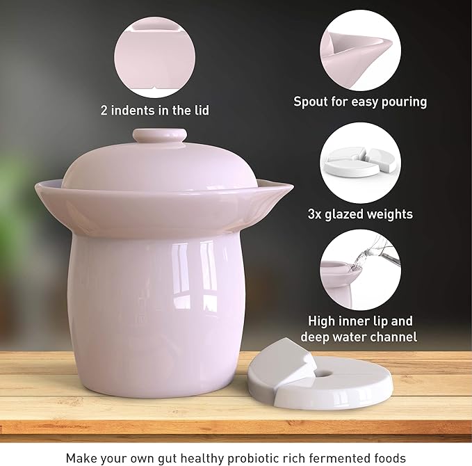 Fermentation Crock Jar Sauerkraut Crock with Glazed Weights 1 Gallon Onggi Kimchi Pot for Fermenting Delicious Kimchi Kombucha & Pickles - Stoneware Fermenting Crock Pickling Fermenter (4L)
