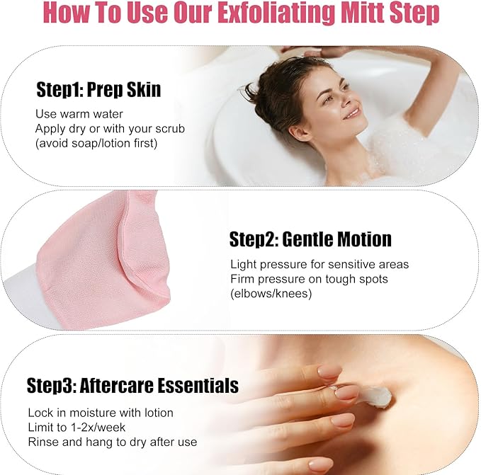 3 Pcs Exfoliating Gloves, 3 Colors Korean Exfoliating Mitts for Body Bath Shower, Reusable Body Scrubber Gloves to Remove Dead Skin and Self-Tan Prep for Smooth Skin(White, Pink, Black)