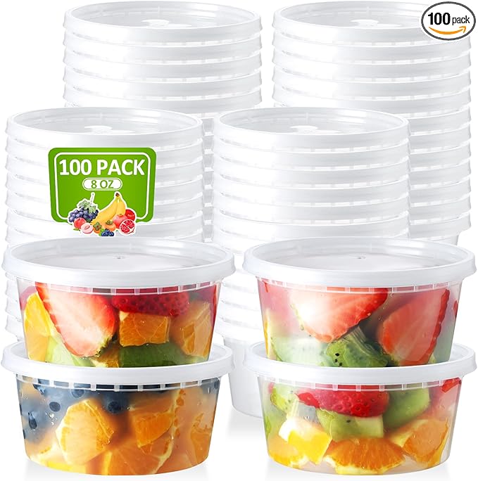 100 Set 8 oz Deli-Containers-with-Lids-Airtight-Plastic-Food-Storage-Containers-with-Lids-Soup-Slime-Overnight-Oat-To-Go-Containers