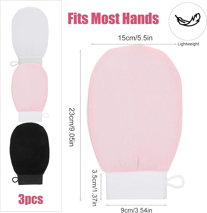 3 Pcs Exfoliating Gloves, 3 Colors Korean Exfoliating Mitts for Body Bath Shower, Reusable Body Scrubber Gloves to Remove Dead Skin and Self-Tan Prep for Smooth Skin(White, Pink, Black)