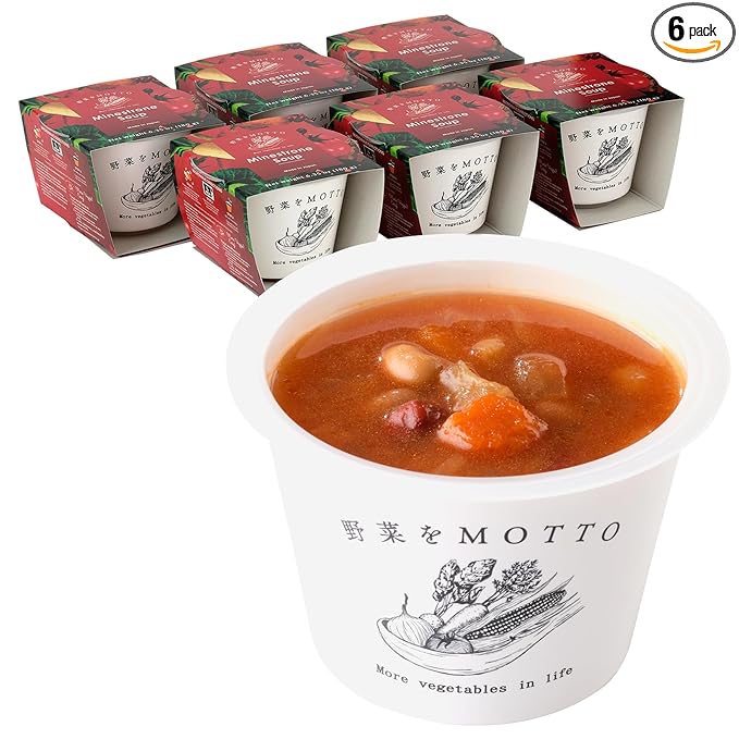 Yasai wo Motto Minestrone Soup, vegan, 0g Trans Fat, No Preservatives, No artificial dyes, No Added MSG, made in Japan, 6.35 oz, Pack of 6, Microwavable cup