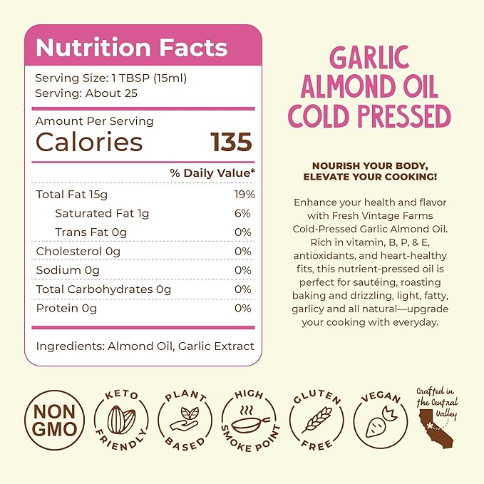 Fresh Vintage Farms Garlic Infused Almond Oil | Cold Pressed Garlic California Almond Oil | Cold Pressed & Flavorful Cooking Oil for Grilling, Baking, Dipping, & Salads | 12.68 Fl oz, Pack of 6