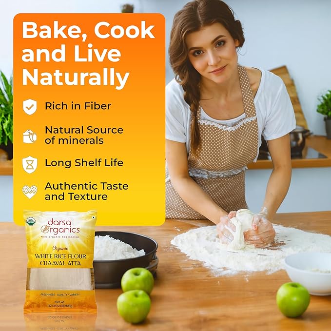 Darsa Organics White Rice Flour - Premium Organic, USDA Certified, Non-GMO, Gluten-Free Rice Flour Powder for Baking & Cooking, Chemical-Free, Long Shelf Life, Food Grade Pouch - 2 lb (908g)