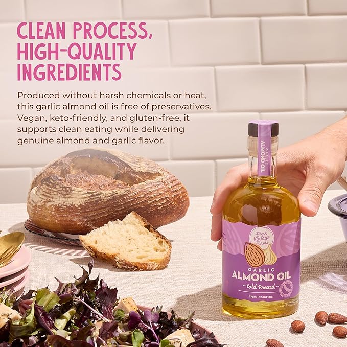 Fresh Vintage Farms Garlic Infused Almond Oil | Cold Pressed Garlic California Almond Oil | Cold Pressed & Flavorful Cooking Oil for Grilling, Baking, Dipping, & Salads | 12.68 Fl oz, Pack of 6
