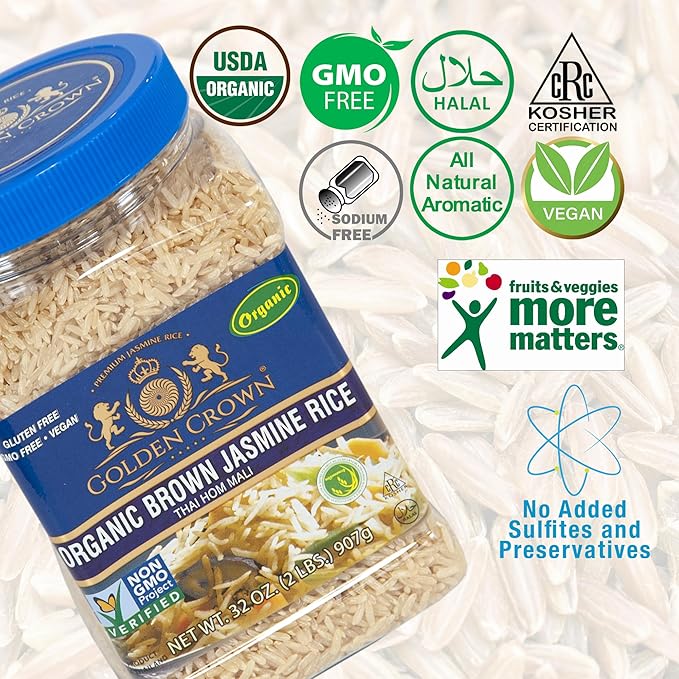 Golden Crown Organic Brown Jasmine Rice - 32 oz (2LB) | Naturally Aged Halal + Kosher, Extra Long Aromatic | Whole Grains From Thai HOM Mali, Non-GMO | Tasty and Delicious Flavorful Gluten-Free