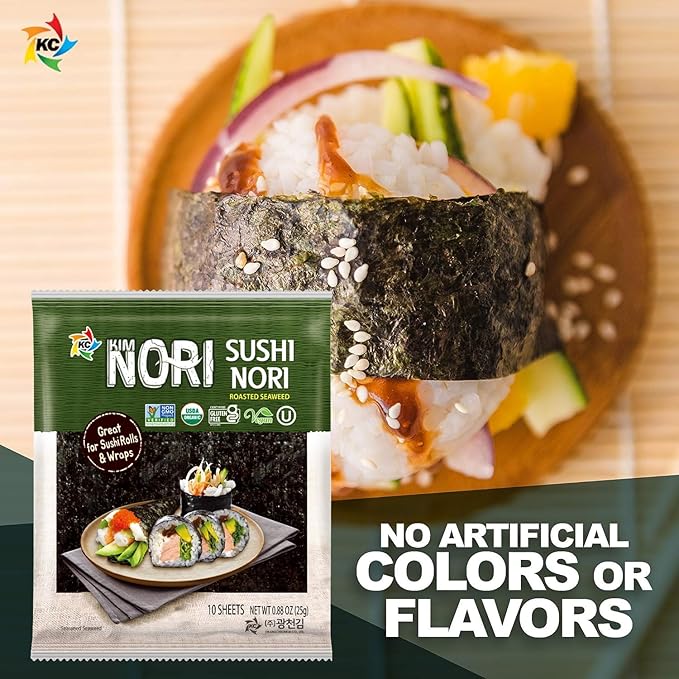 KIMNORI Sushi Nori Seaweed Sheets – 10 Full Size USDA Organic, Yaki Roasted Rolls, Wraps, Snack, 100% Natural Laver, Gluten Free, No MSG, Non GMO, Vegan, Kosher, 25 Gram 0.88 Ounce