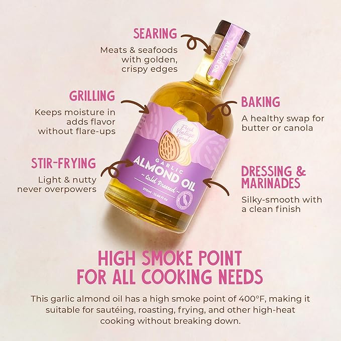 Fresh Vintage Farms Garlic Infused Almond Oil | Cold Pressed Garlic California Almond Oil | Cold Pressed & Flavorful Cooking Oil for Grilling, Baking, Dipping, & Salads | 12.68 Fl oz, Pack of 6