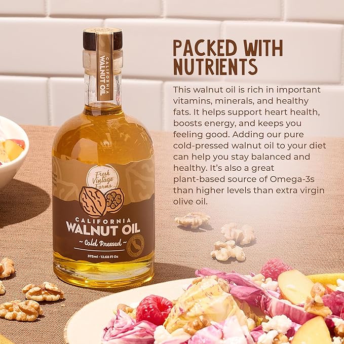 Fresh Vintage Farms 100% Undiluted Cold Pressed Walnut Oil | Wholesome & Nutritious Healthy Cooking Oil for Cooking, Baking, Grilling, Dipping, & Salads | Walnut Oil - 12.68 Fl Oz, Pack of 6