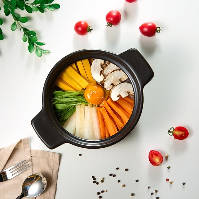 Kook Korean Dolsot Pot Set, Bowl with Lid, for Cooking Bibimbap, Kimchi, Hot Pot, Soups and Stews, Oven and Dishwasher Safe, 38 oz, Black