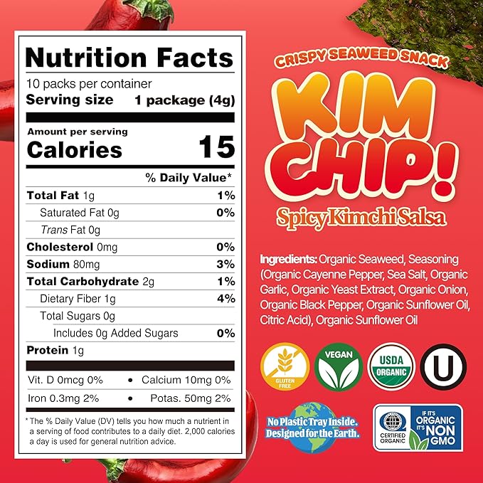 KIMCHIP (30-Pack) Spicy Kimchi Salsa Seaweed Snack – organic, vegan, gluten-free, low-calorie nori chips