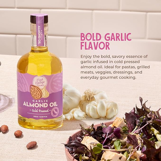 Fresh Vintage Farms Garlic Infused Almond Oil | Cold Pressed Garlic California Almond Oil | Cold Pressed & Flavorful Cooking Oil for Grilling, Baking, Dipping, & Salads | 12.68 Fl oz, Pack of 6