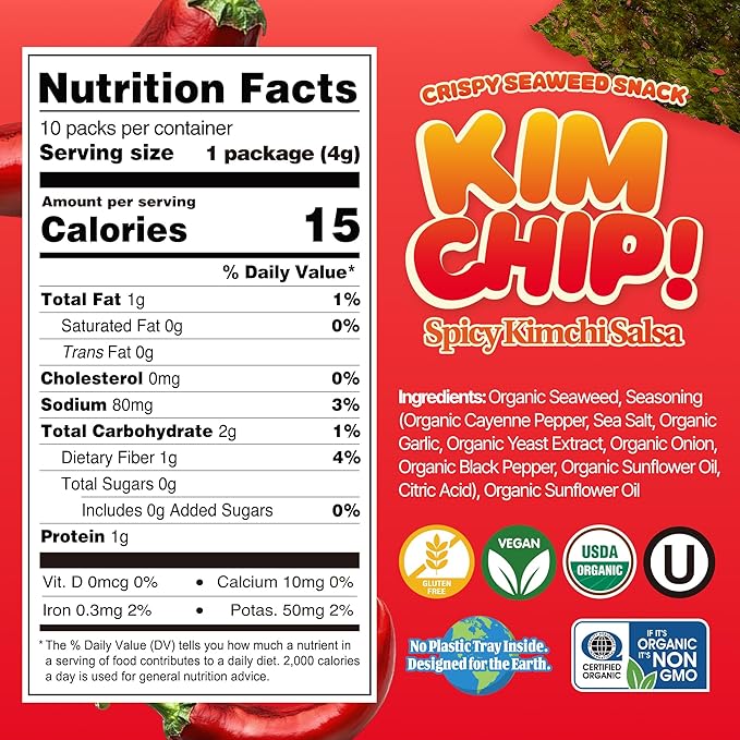 KIMCHIP (10-Pack) Spicy Kimchi Salsa Seaweed Snack – organic, vegan, gluten-free, low-calorie nori chips