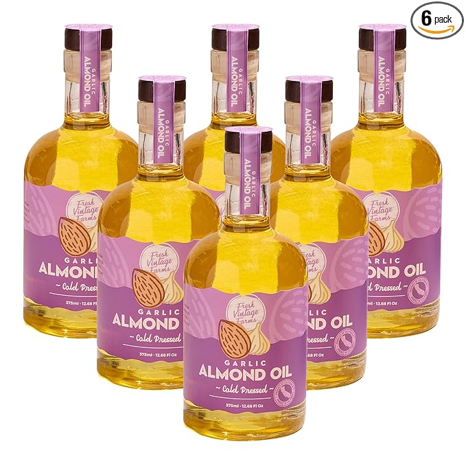 Fresh Vintage Farms Garlic Infused Almond Oil | Cold Pressed Garlic California Almond Oil | Cold Pressed & Flavorful Cooking Oil for Grilling, Baking, Dipping, & Salads | 12.68 Fl oz, Pack of 6