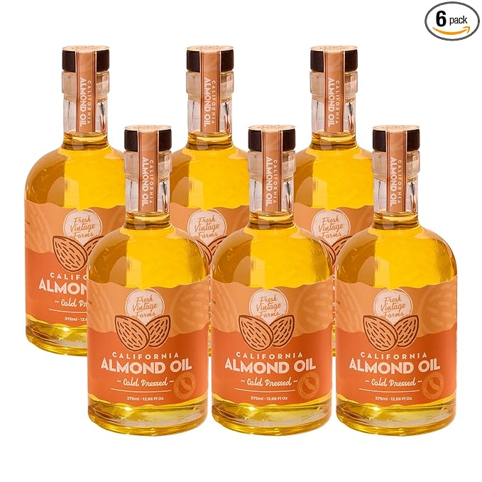Fresh Vintage Farms 100% Cold Pressed Sweet Almond Oil | Nutrient-Rich Healthy Cooking Oil for Cooking, Baking, Grilling, Dipping, & Salads | Cold Pressed Almond Oil - 12.68 Fl oz, Pack of 6