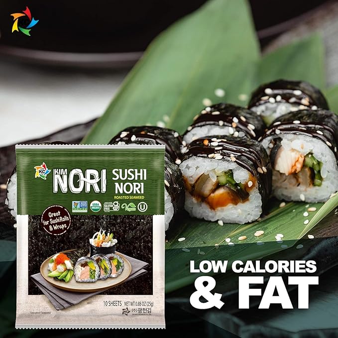 KIMNORI Sushi Nori Seaweed Sheets – 10 Full Size USDA Organic, Yaki Roasted Rolls, Wraps, Snack, 100% Natural Laver, Gluten Free, No MSG, Non GMO, Vegan, Kosher, 25 Gram 0.88 Ounce